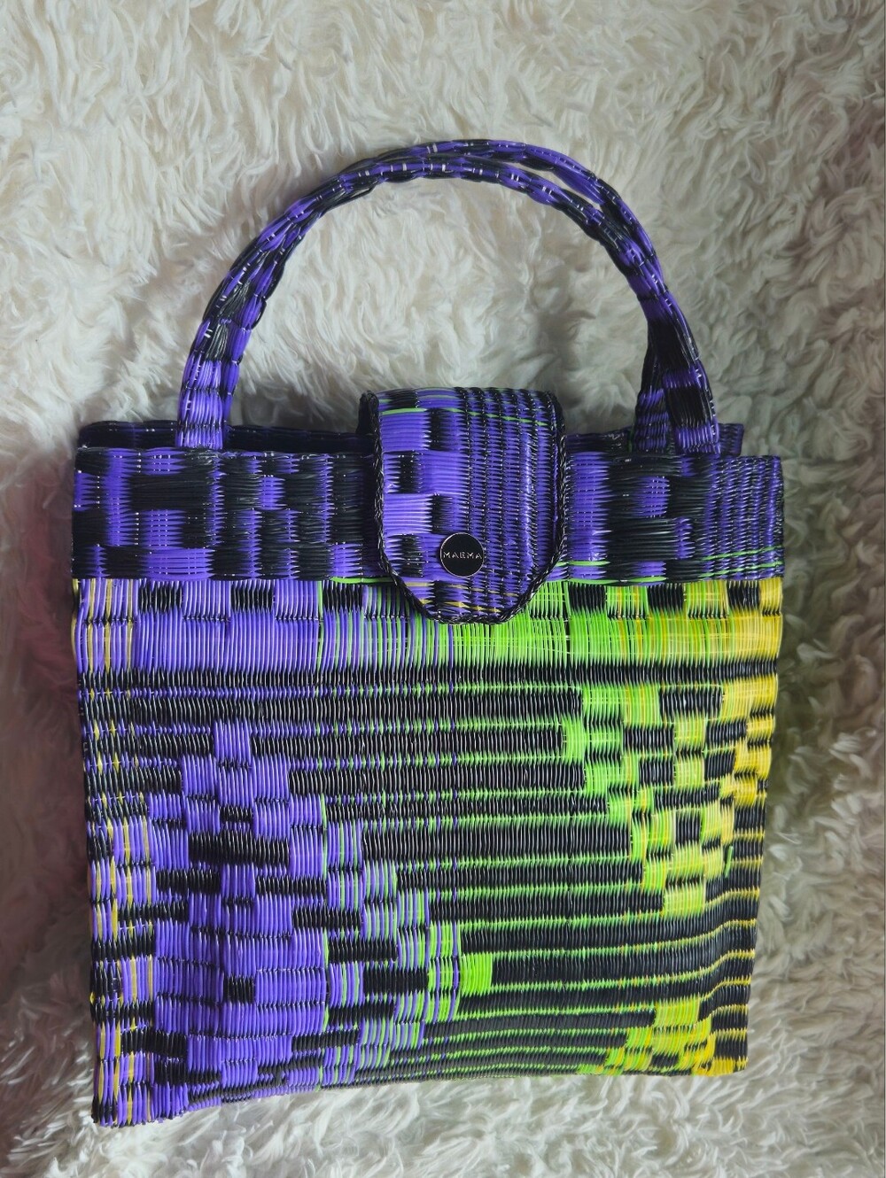 Maema Electric Handwoven Purple, Green, Yellow & Black Tote Bag w/Top Handles